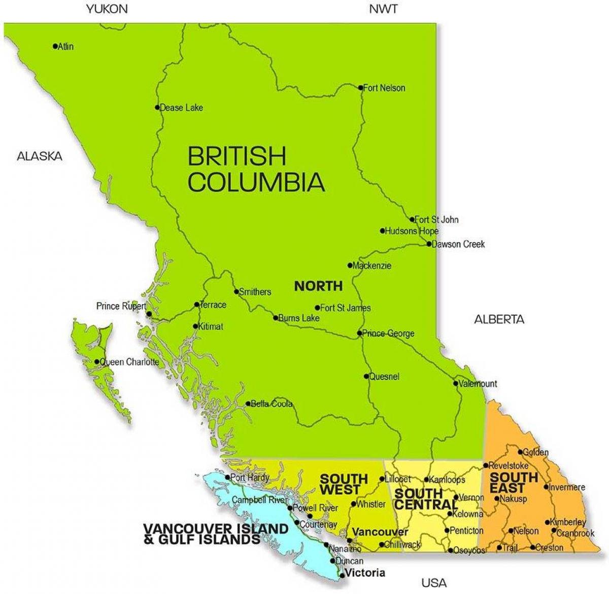 Žemėlapis britų kolumbijos regionuose