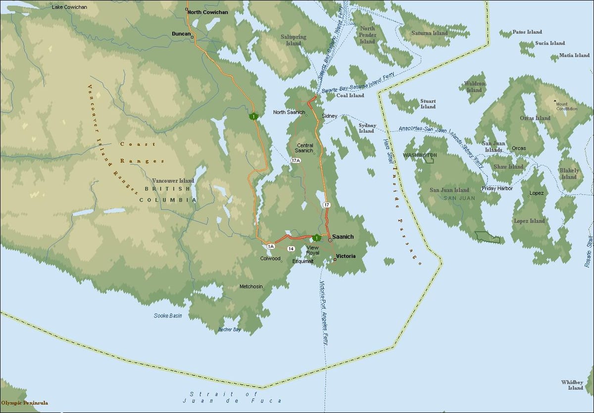 Žemėlapis saanich vankuverio salos