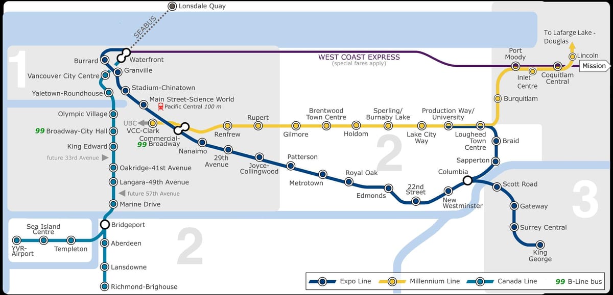 vankuverio oro uosto iki miesto centro, skytrain žemėlapyje